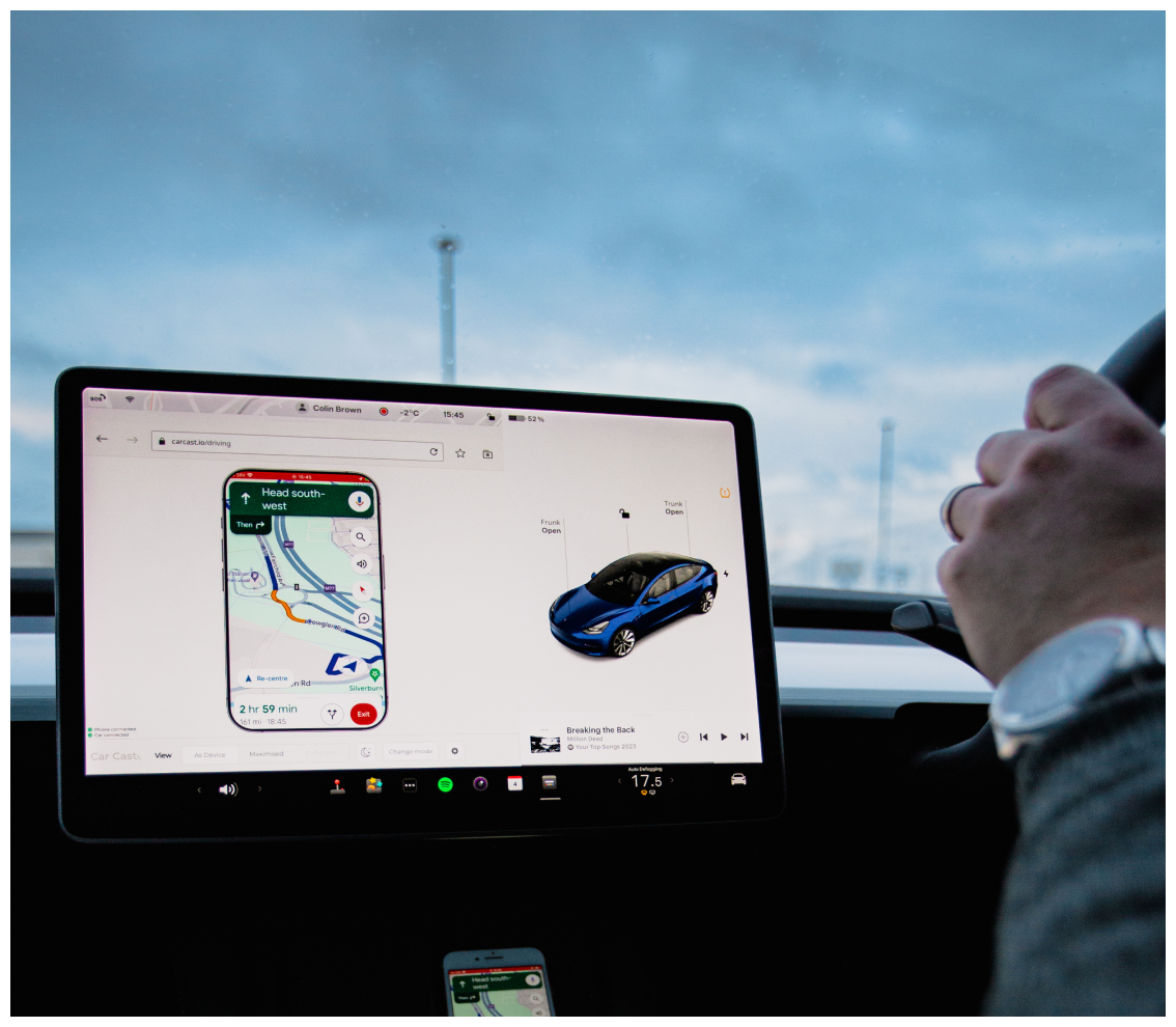 Picture of app being used in a Tesla